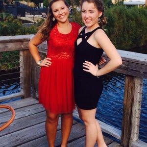 Homecoming dress. Lacy bodice (fully lined) with tulle full skirt in red.